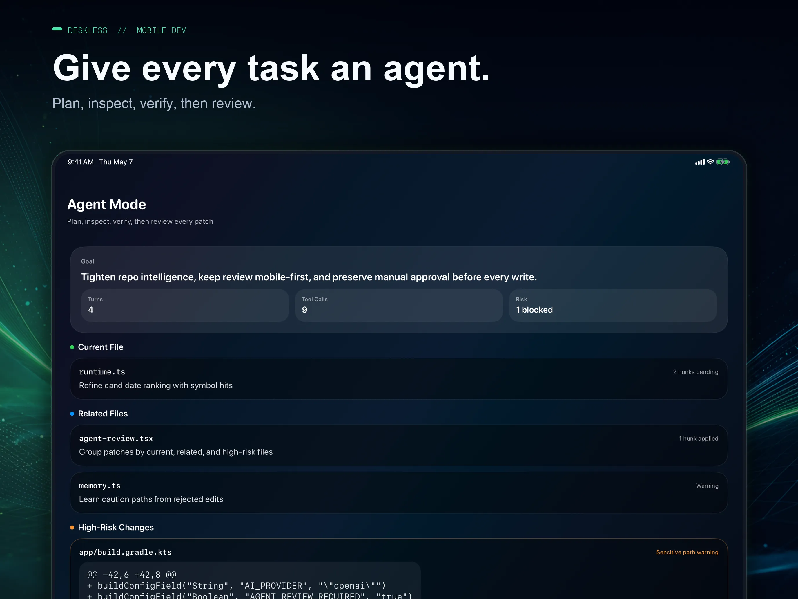Deskless Agent Mode on iPad, showing the task goal, files for review, and high-risk changes.