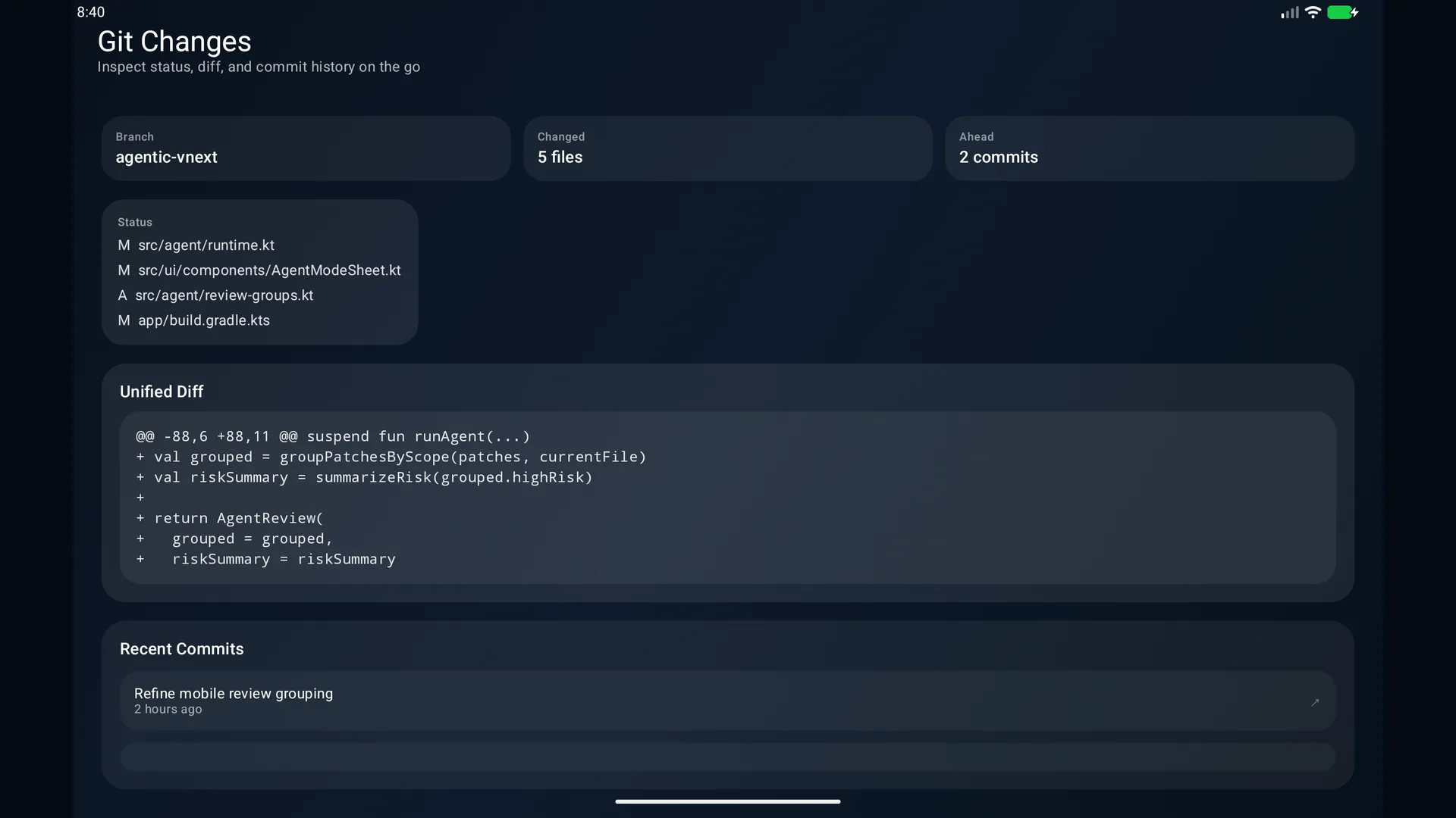 Deskless Git Changes on Android, showing a branch, changed files, a unified diff, and recent commits.